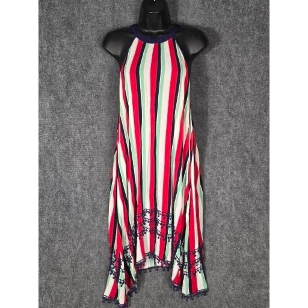 Red Navy White Striped Halter Handkerchief Hem Midi Dress Crochet Trim Women 3XL